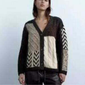 Zara Multicolor Patchwork Knit Cardigan Sweater - Black, White, Brown